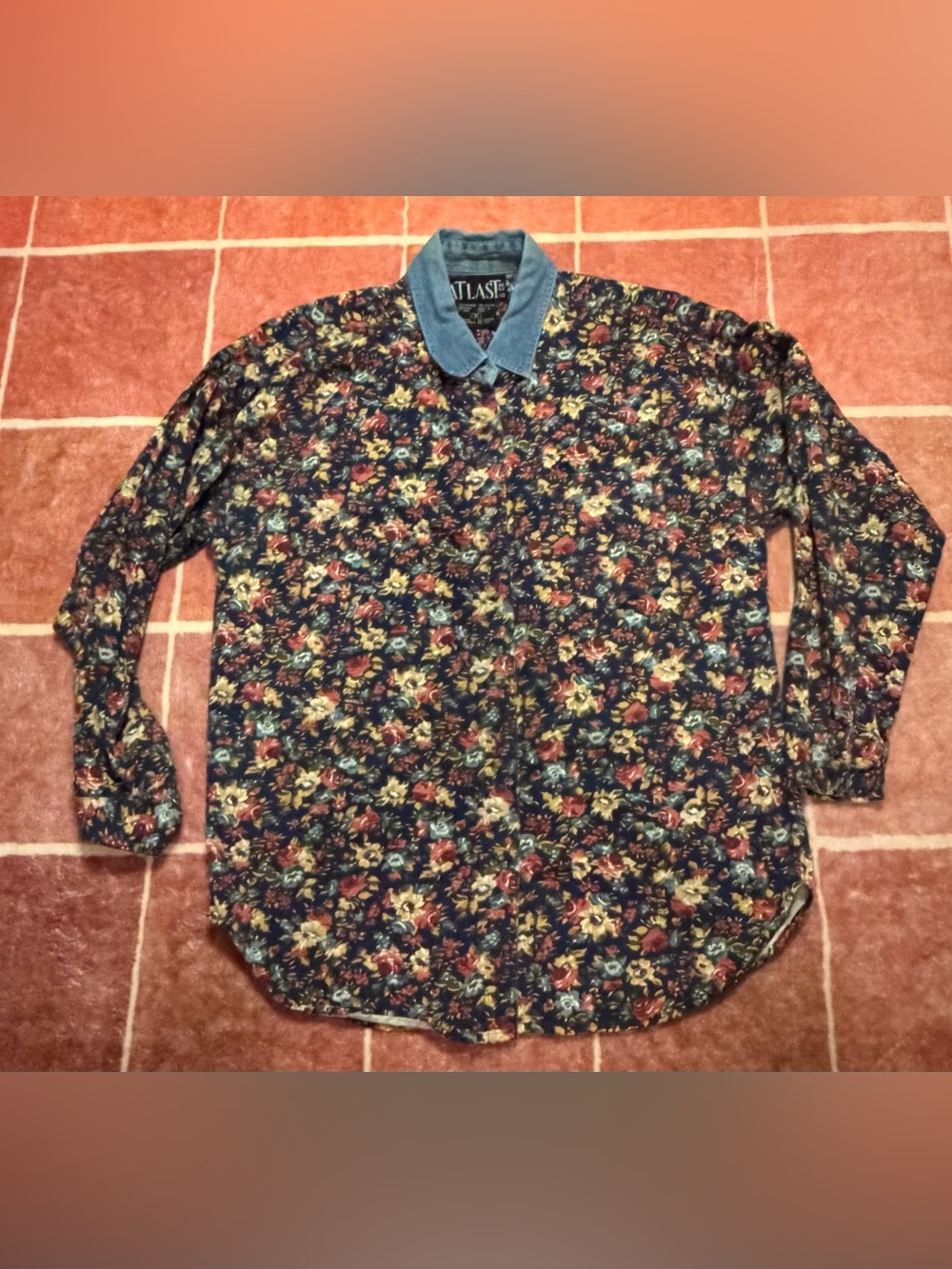 At Last Navy Floral Button-Down Shirt with Chambray Collar